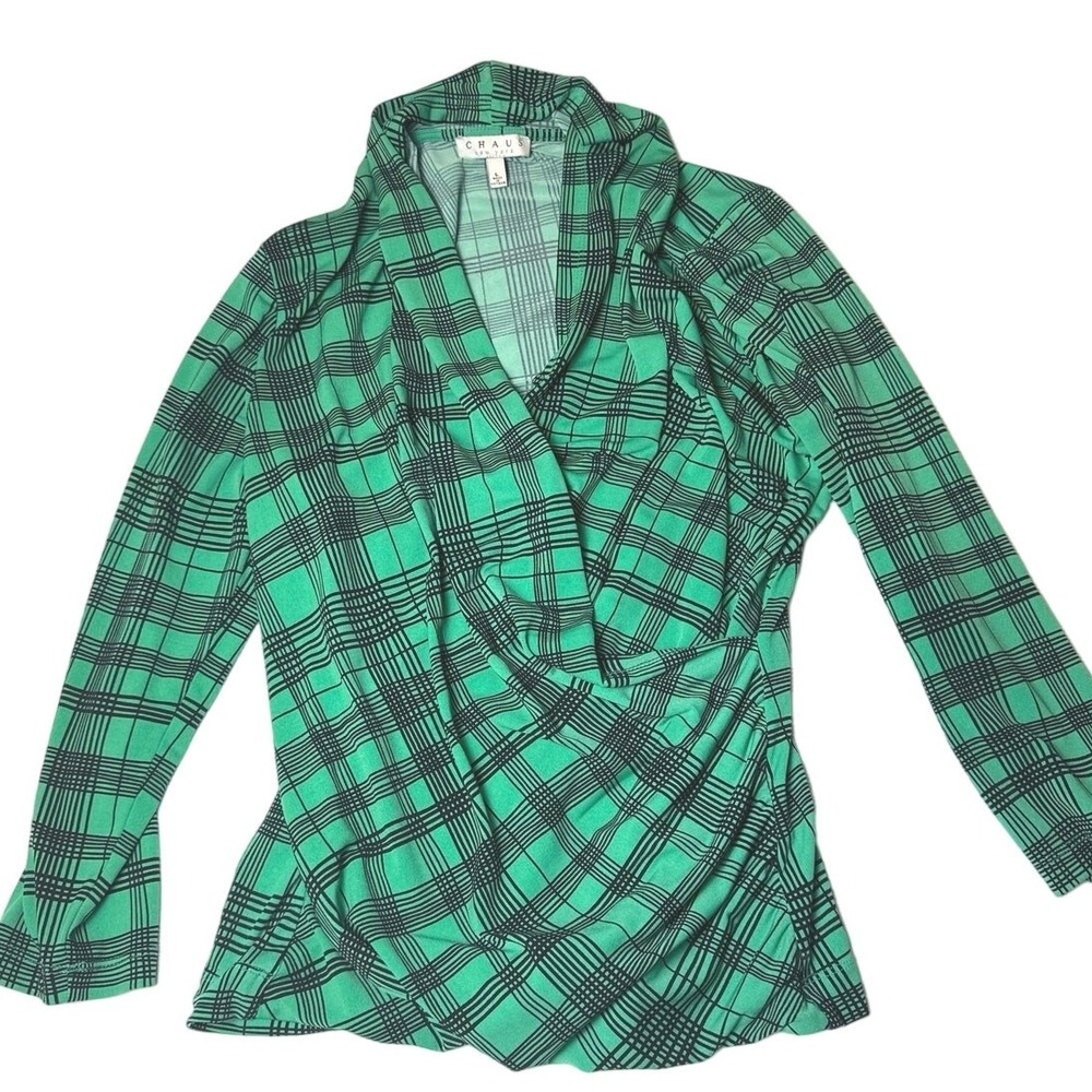 Chaus New York Womens long sleeve Shawl Neck Wrap Blouse Top Green Black Plaid L